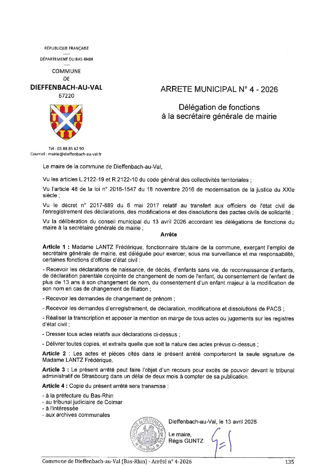 Arrêté  n°04-2026 – Délégation de fonctions à la secrétaire générale de mairie